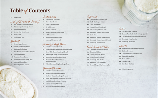 Table of contents for same day sourdough cookbook with various sections listed on a gray background.