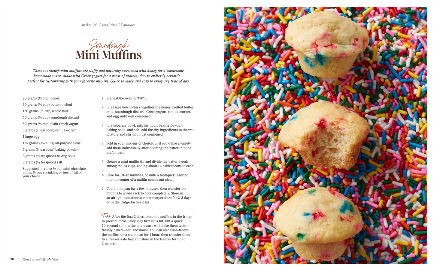 Three sourdough mini muffins laid on top of colorful sprinkles with a bite taken out of one on a recipe page for sourdough mini muffins from same day sourdough cookbook. 