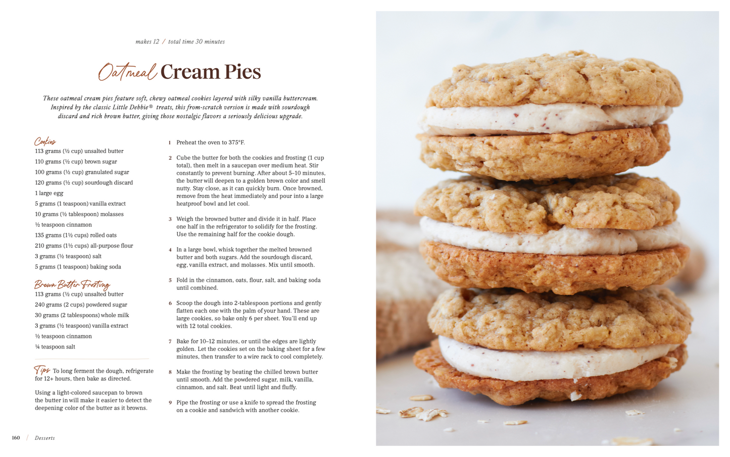 Recipe for sourdough oatmeal cream pies with a stack of pies on a white background from same day sourdough cookbook. 